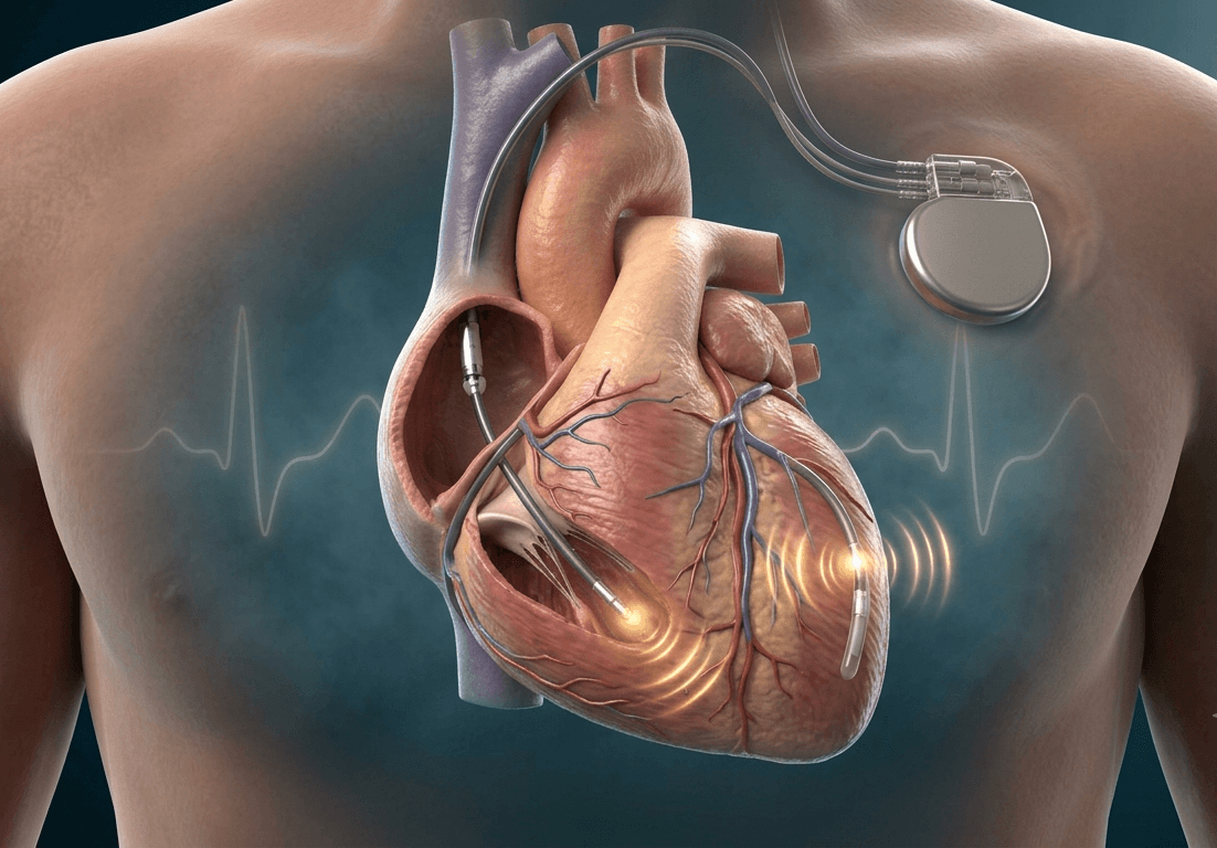 CRT pacemaker with three leads coordinating the heart's chambers