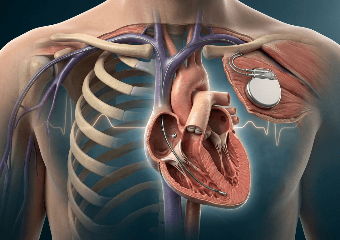 Conventional pacemaker generator and leads implanted in the heart