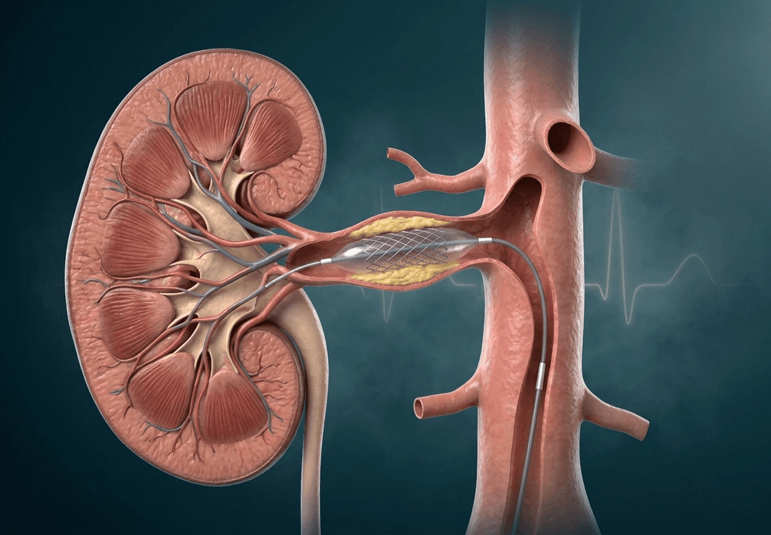 Renal artery angioplasty restoring blood flow to the kidney