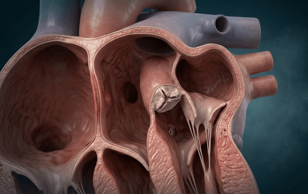 Cutaway heart showing chambers, septum, and calcified aortic valve in adult structural heart disease