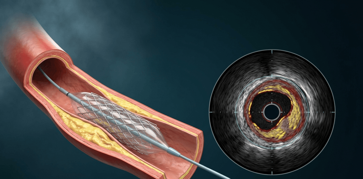Intravascular imaging of a coronary artery with stent placement guided by IVUS